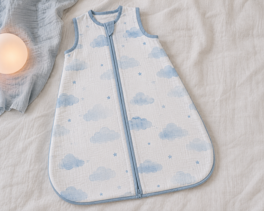 Organic Muslin Cotton Sleveless Sleeping Bag - Blue Daydream