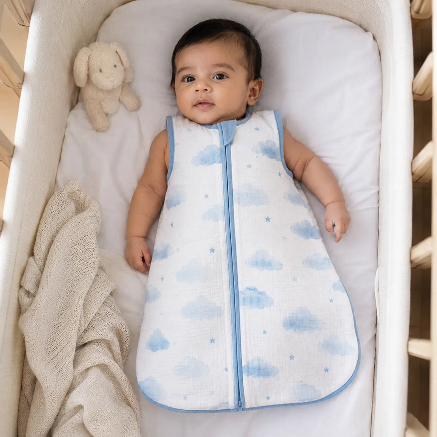 Organic Muslin Cotton Sleveless Sleeping Bag - Blue Daydream