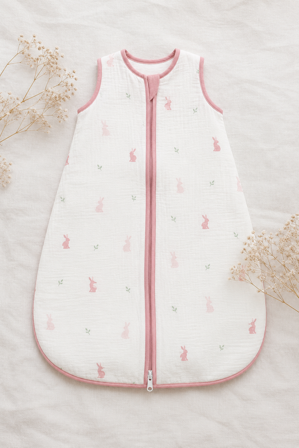 Organic Muslin Cotton Sleveless Sleeping Bag - Bunny Hop Blush