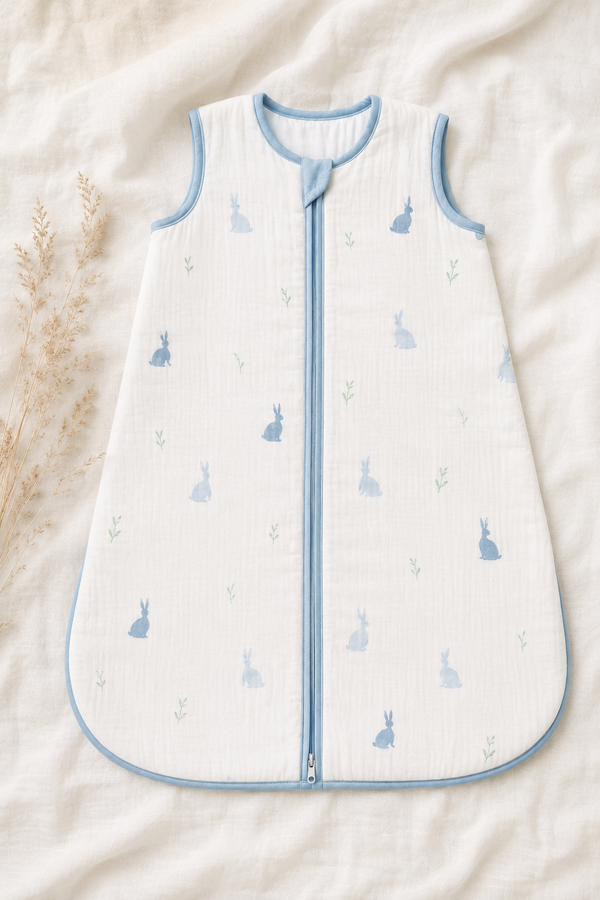 Organic Muslin Cotton Sleveless Sleeping Bag - Bunny Hop Sky