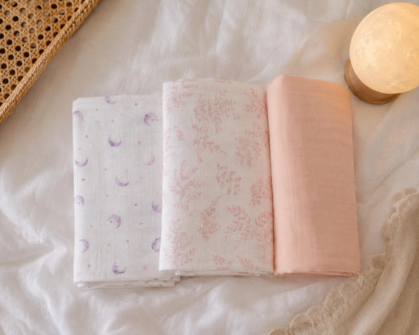 Organic Muslin Cotton Swaddle - Rosewater Night - Set of 3